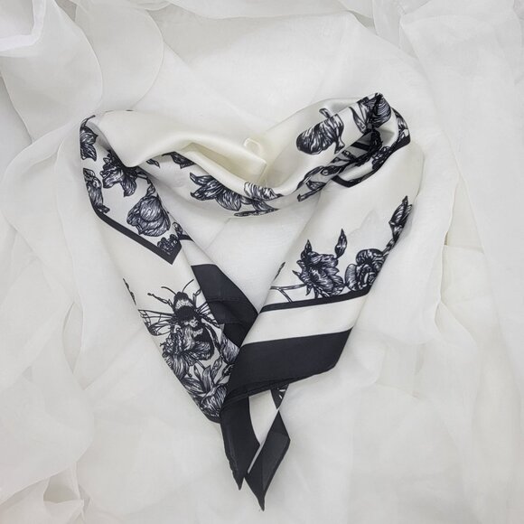 ✨✨Elegant Bandana Square Scarf Silky Satin Soft BLACK WHITE Neck Scarfs Headwrap - Picture 3 of 7